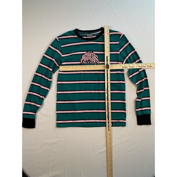 Broken Promises Embroidered Striped Women XS Crewneck Longsleeve Logo Pink Green - Picture 2 of 7
